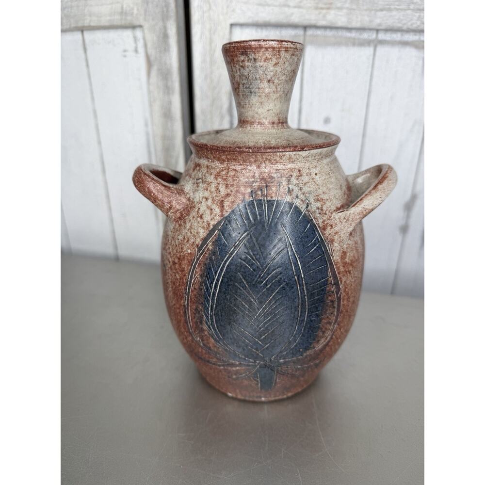 Vintage Studio Art Pottery Lidded Jar Redware Blue Leaf Unique